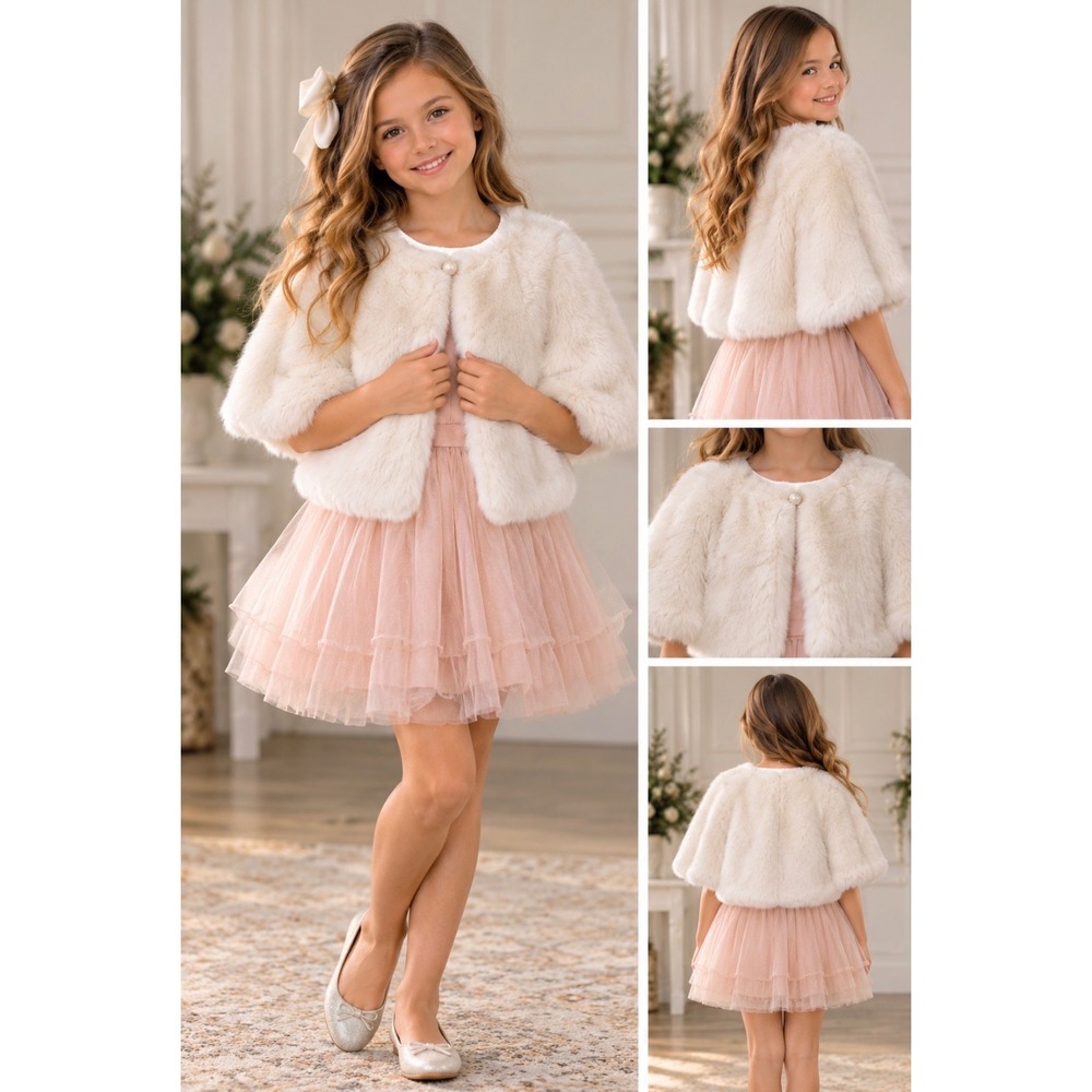 Gymboree Faux Fur Shrug Bolero Ivory Cream White Kids Size L 10-12 Short Sleeve
